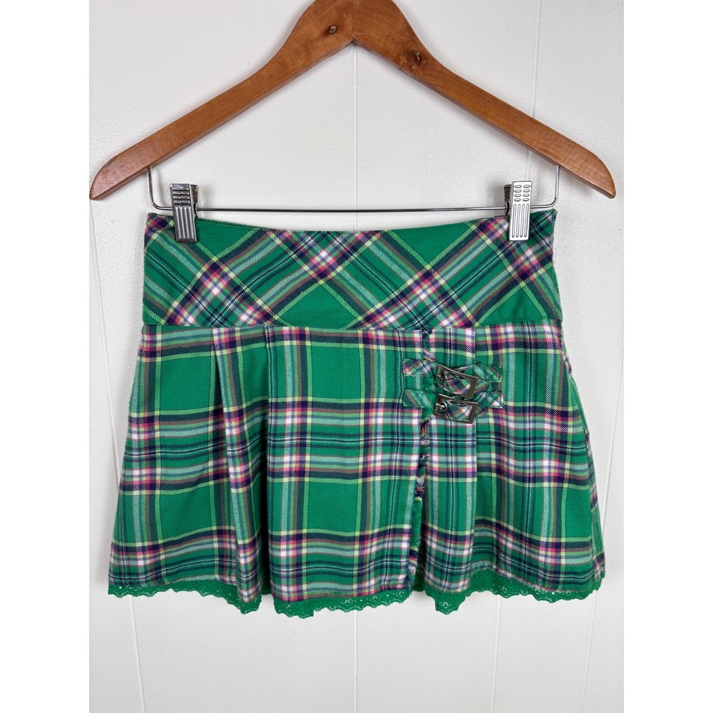 Y2K Justice Green Plaid Pleated‎ Mini Skorts Kilt Style Buckle Girls Size 12